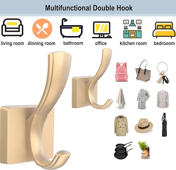 TOFIIGREM Gold Coat Hooks, Towel Robe Hooks Bathroom Entryway Mudroom Pool Hooks for Wall Mount Hanging Towels Bathrobe Key Hat Backpack (2 Pack, Gold)