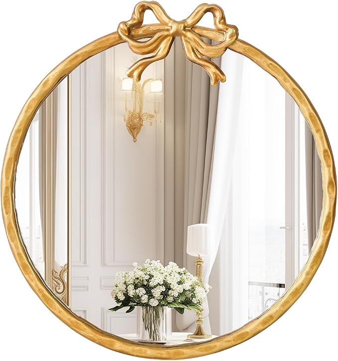 2026 Spring Women's Gifts 16 Inch Vintage Gold Round Wall Mirror, Antique Ornate Metal Circle Mirror with Baroque Bow Decor for Bathroom Vanity, Bedroom(Gold, 16" Lx16 W)