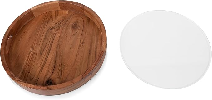 PICNIC TIME Barista Serving Tray with Glass Insert, Round Acacia Wood Cheese Board, Serving Platter with Handles, (Acacia Wood)