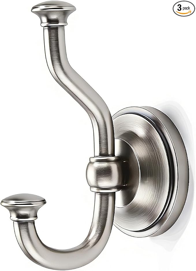 khtumeware 3 Pack 4-1/2 inch Zinc Alloy Vintage Wall Brushed Satin Nickel Large Coat Hooks Suitable for Tile, Wood Board, Glass Walls, Bathroom, Entrance Hall, Kitchen, Multi-Functional Robe Hooks