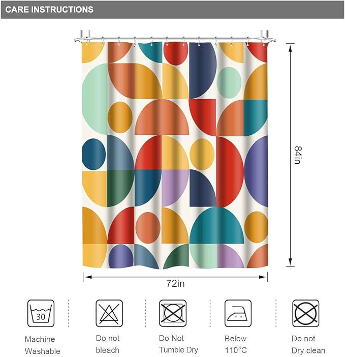 Vintage Colorful Rainbow Mid Century Shower Curtain Modern Abstract Geometric Art Bathroom Curtain Decor 72x84 Inch Washable Fabric Bright Retro Boho Circle Patterned Bath Curtain with 12 Hooks
