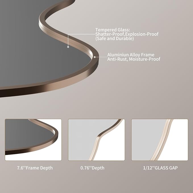 Irregular Wall Mirror Wavy Asymmetrical Shaped Aluminum Alloy Framed Big Unique Full Length Mirror for Living Room Bathroom Bedroom Entryway Fireplace (Gold, 47"x21")