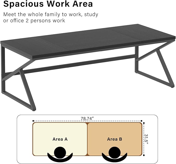 HSH Extra Long Black Computer Desk, 78 inch Large Home Office 2 person Desk, Industrial Metal Wood double Desk for Executive Work Writing Study, Modern Black Bedroom Living Room PC Laptop Gaming Table