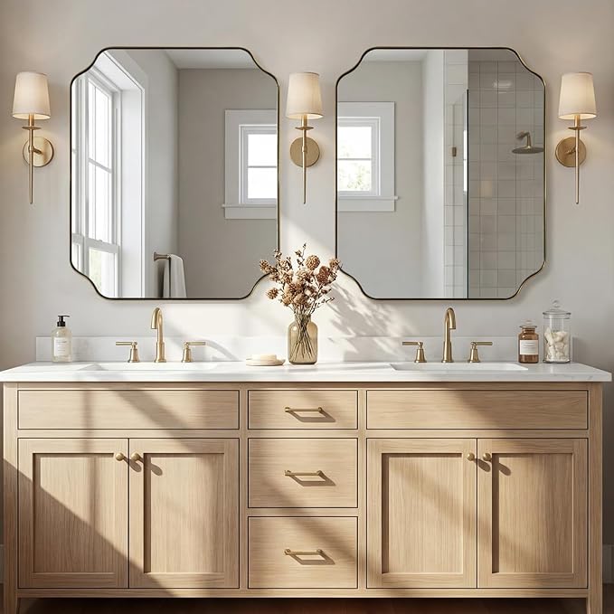 ANDY STAR 30"x36" Gold Bathroom Mirror, Brushed Brass Rectangle Mirror for Bathroom, Scalloped Vanity Mirror in Anti-Rust Stainless Steel Metal Thin Frame, Wall Mount Vertical or Horizontal