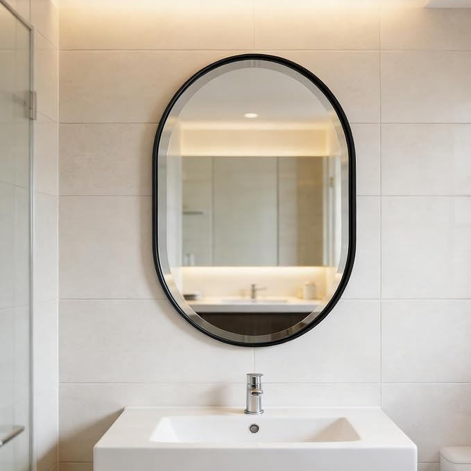 POZINO Oval Beveled Mirror, 22"x30" Bathroom Vanity Mirror Over Sink, Pill Shaped Capsule Wall Mounted Mirrors, Modern Oblong Mirrors for Living Room Bedroom Entryway, Hangs Vertically or Horizontally