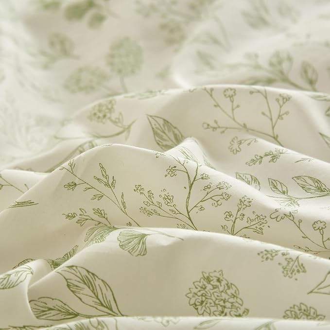 Vintage Boho Floral Duvet Cover Queen White Green Floral Print Bedding Set Cotton Botanical Floral Comforter Cover Garden Flowers Aesthetic Bedding Cover Boho Style Queen Duvet Cover with Zipper Ties