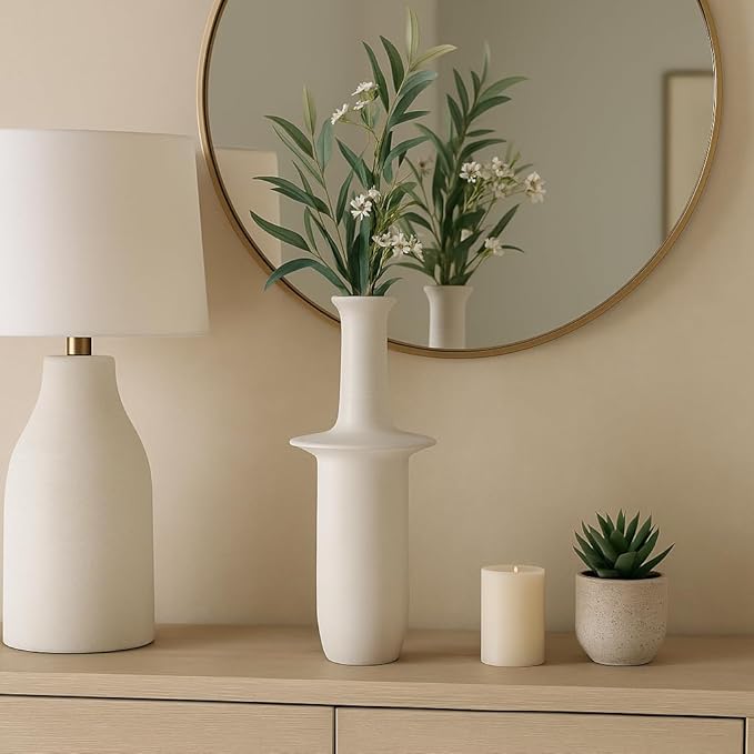 Ceramic Flower Vase for Living Room Decor – Elegant Tall Home and Office Vase with Unique Flared Top Perfect for Fresh Florals – A Modern Centerpiece for House, Bedroom, and Tabletop – 19" Ivory