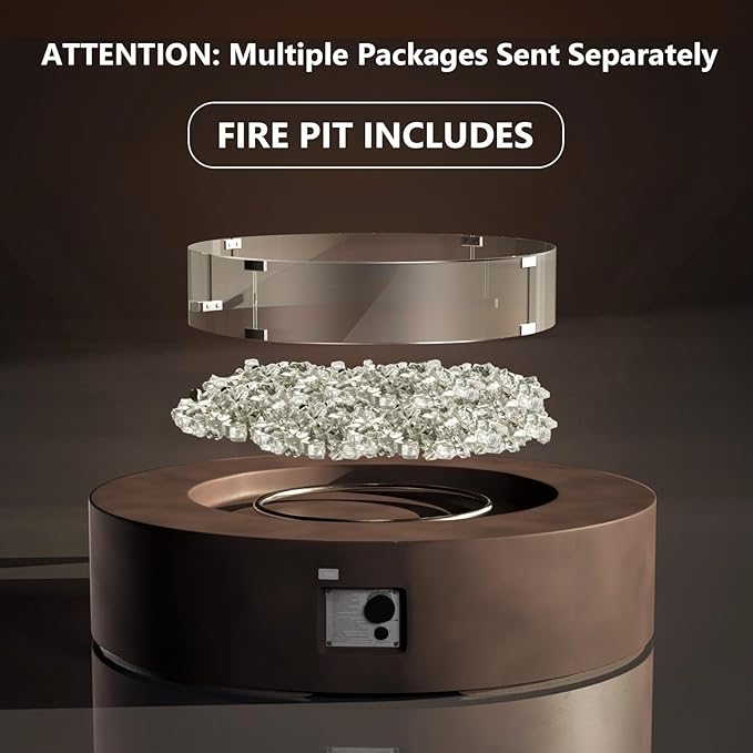 COSIEST Outdoor Propane Fire Pit Coffee Table w Bronze 42 inch Round Base Patio Heater, Certified, 50,000 BTU Stainless Steel Burner, Wind Guard, Transparent Gray Fire Glass, Waterproof Cover