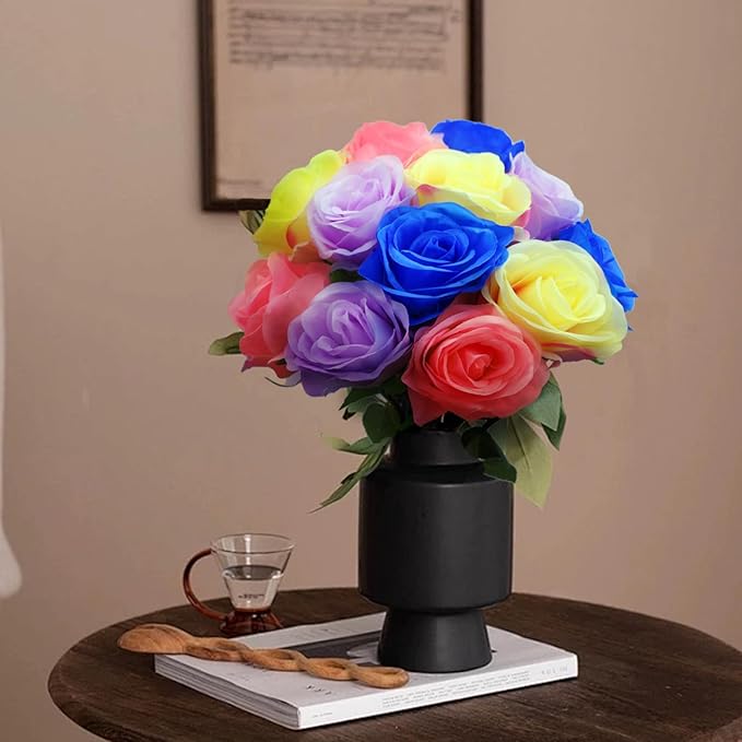 12 PCS Rose Artificial Silk Flowers, Fake Roses with Long Stems Realistic Faux Rose Flower Bouquets for Home Wedding Decoration Party-Mix Color