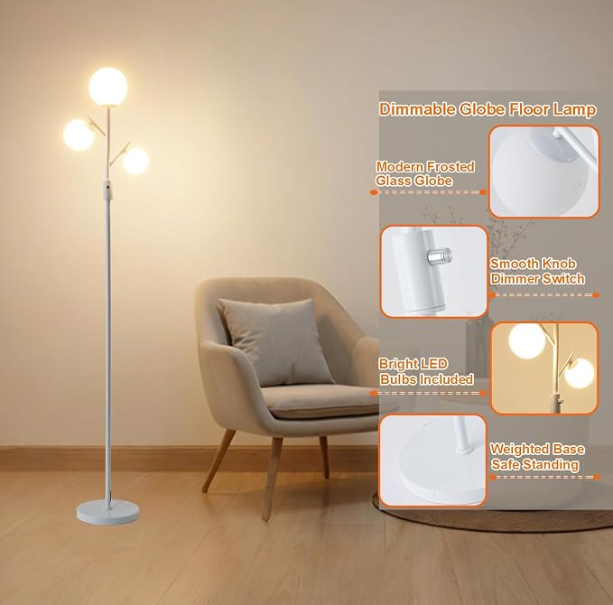 Fiqevs Mid Century Modern 3 Globe Tree Floor Lamp - Dimmable LED Standing Lamp with Bulbs, Warm Light for Living Room Bedroom Office - White