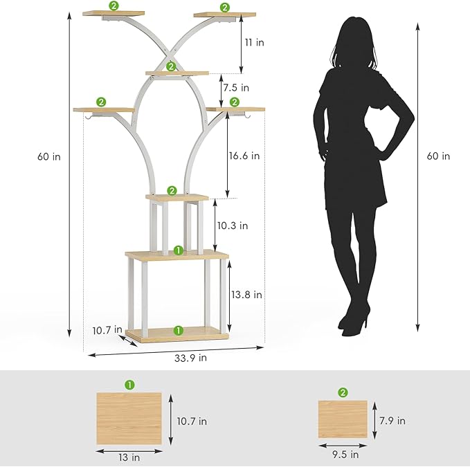 Elbourn 8 Tiered 60" Plant Stand Indoor Shelf with 3 Grow Lights (White) | Corner Shelf Decor