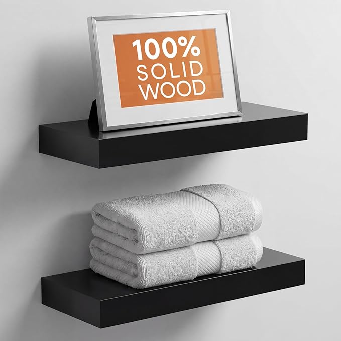 Homeforia 16 inch Black Floating Shelves, High End Solid Real Wood 16inch Bathroom Floating Shelves for Wall Mounted, 16in Wooden Small Floating Shelf, Heavy Duty Bracket, 16 X 6.5 X 1.75 in, Set of 2