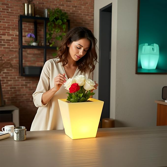 Mr.Go 16-inch LED Flower Pot Light w/Remote, 16 Color Changing Colorful Square Flowerpot, Rechargeable Lighted Planter & Ice Bucket for Home Decor, Perfect for Garden, Party, Wedding, Gifts