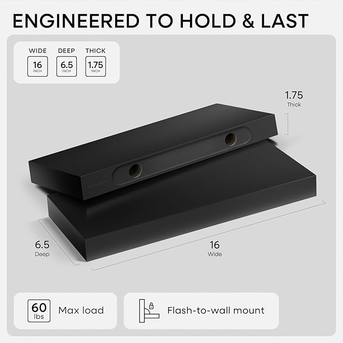 Homeforia 16 inch Black Floating Shelves, High End Solid Real Wood 16inch Bathroom Floating Shelves for Wall Mounted, 16in Wooden Small Floating Shelf, Heavy Duty Bracket, 16 X 6.5 X 1.75 in, Set of 2