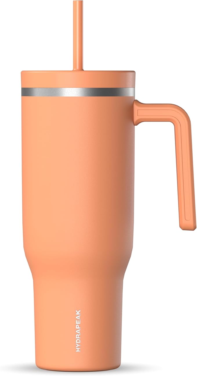 Hydrapeak Voyager 40 Oz Stainless Steel Tumbler with Handle, Insulated Water Bottle With Straw & Lid, Cupholder Friendly Reusable Travel Mug (Apricot Crush)