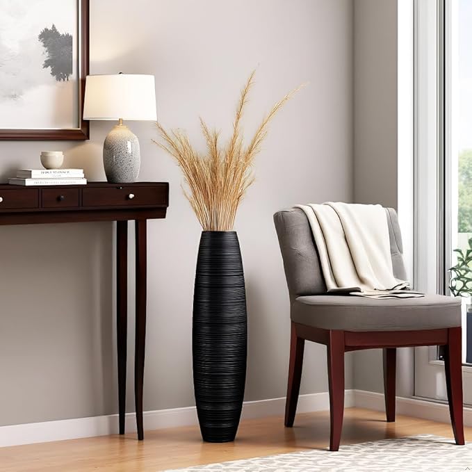 Tall Floor Vase, 27.5 inches (70cm, 2.3FT) Floor Vase Sturdy, Luxury, Textured for Decorative Branches Dried Flowers, Tall Vases for Rustic Living Room, Home Decor, Resin Black Vases