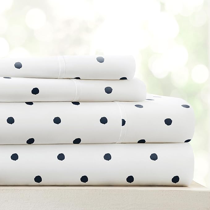 Linen Market Patterned Microfiber King Sheet Set 4 Piece – Oeko-TEX Certified Ultra Soft & Wrinkle-Free - 16" Deep Pocket Sheets - Easy Care King Size - Dots Navy