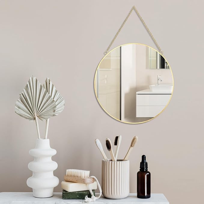 LONGWIN Hanging Wall Circle Mirror Decor Gold Geometric Mirror with Chain for Bathroom Bedroom Living Room 9.8"