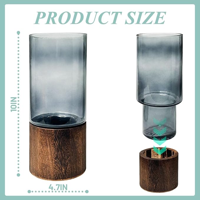 Bohemian Art Black Wooden Glass Vase 10 Inch Tall Glass Flower Vase Cylindrical Wooden Base Vases Plant Vases Minimalist Birthday Party Decoration Wedding Kitchen Office Decoration