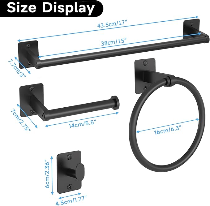 KLJKPA Matte Black Bathroom Accessories Set, 4 Pieces Bathroom Hardware Set, 16 inch Towel Bar, Towel Racks for Bathroom, Robe Towel Hooks, Toilet Paper Holder Wall Mounted