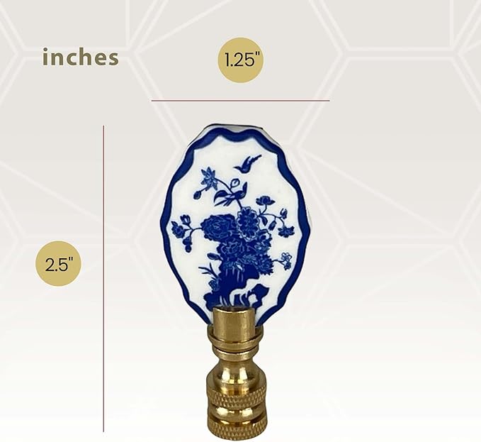 Royal Designs, Inc. Porcelain Oval Birds Design Finial for Lamp Shade, Polished Brass, Blue & White, Pack of 2