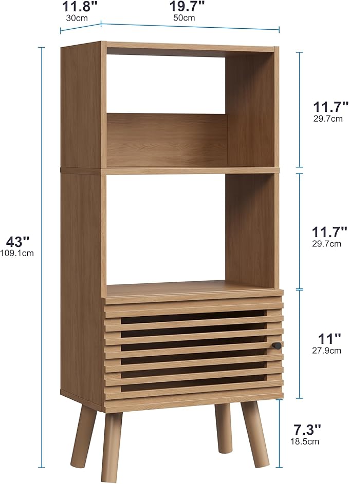 Small Bookcase, 43" H Open Shelf Cube Bookshelf with Slatted Door, Mid-Century Bookcase with 3 Cubes, Open Shelves Display Storage Cabinet for Living Room, Home Office, Oak