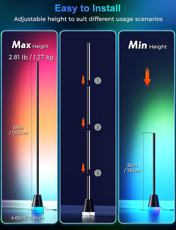Corner Floor Lamp, Smart RGB Lamps for Living Room Bedroom, APP & Remote Control Tall Standing LED Lights, 16 Million DIY Colors Modern Ambient Lighting with Music Sync & Timer, Jet Black