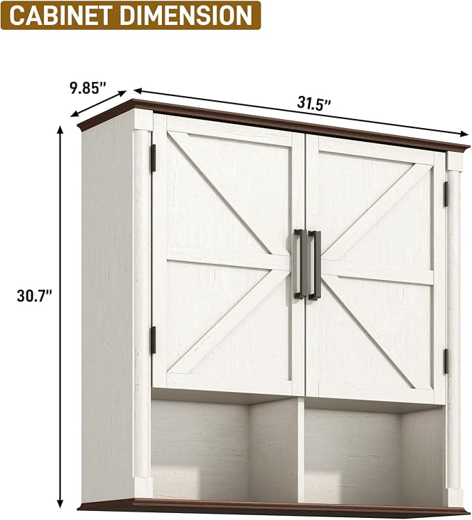 Farmhouse Bathroom Storage Cabinet,Double Wooden Bathroom Wall Cabinet with Roman Column Decor, Farmhouse Medicine Cabinets w Barn Doors,Storage Cabinets Wall Mounted for Kitchen(Rustic White)