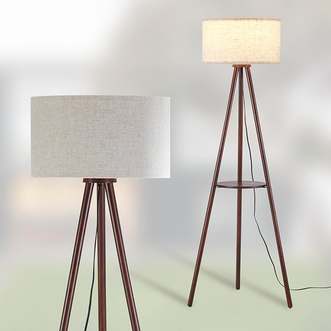 BTP Wood Tripod Floor Lamp for Living Room, 3 Color Temparature LED Bulb Included, Mid Century Modern Wooden Shelf Floor lamp with Linen Shade for Bedroom, Office, Walnut Wood Color