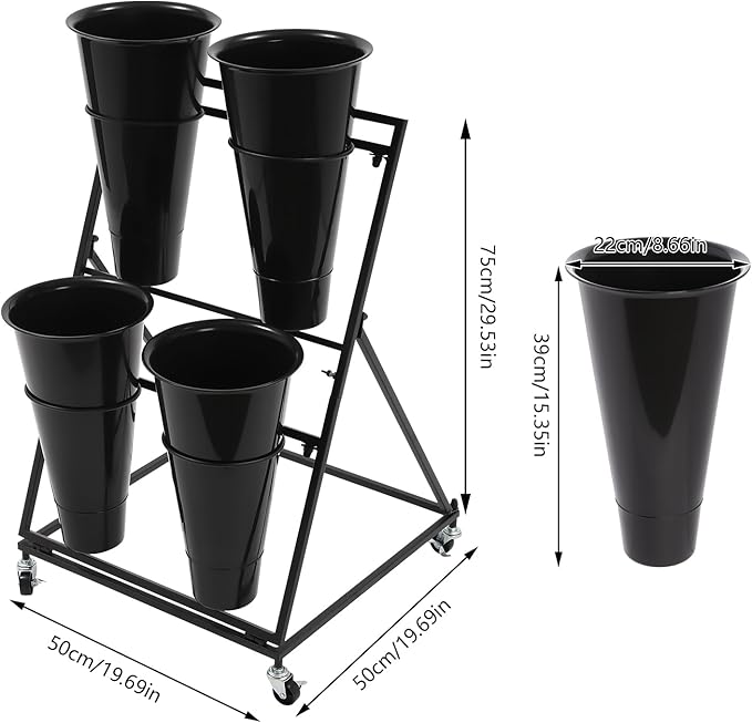 DYRABREST Flower Display Stand with Buckets, Black 3 Layers Metal Plant Stand with 4 Pieces Buckets, Moving Florist Bouquet Shelf for Fresh Flower Shop, for Patio Garden, Outdoor Flower Pop-Up Events