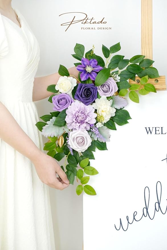 Wedding Decor (Pack of 2) Welcome Sign Flower Backdrop Garland for Ceremony Reception Wall Easel Home Decoration Entryway Faux Outdoor Board Head Table Decor (Lilic & Cream)