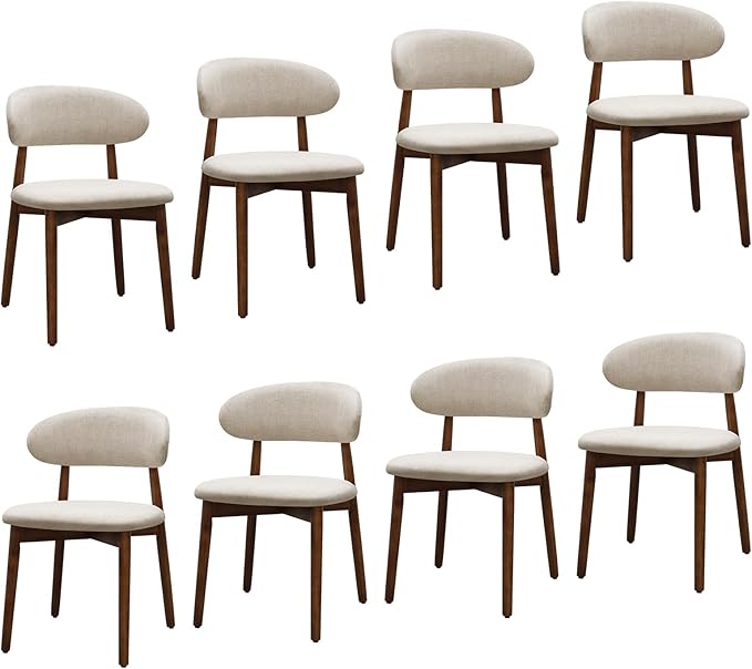 Farmhouse Dining Chairs Set of 8, Mid Century Modern Fabric Upholstered Kitchen Chairs, Wooden Dining Room Chair with Curved Back for Kitchen Dining Room Restaurant Cafe, Warm Gray (Only Chairs)