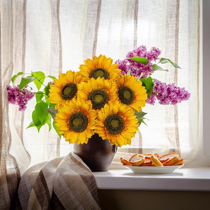 Large Silk Yellow Sunflowers Artificial Fall Flowers 26" Long Stem Artificial Sunflower 6 Pcs Tall Fake Sun Flowers Vintage Faux Sunflowers Bulk with Stem for Home Wedding Birthday Party Decor