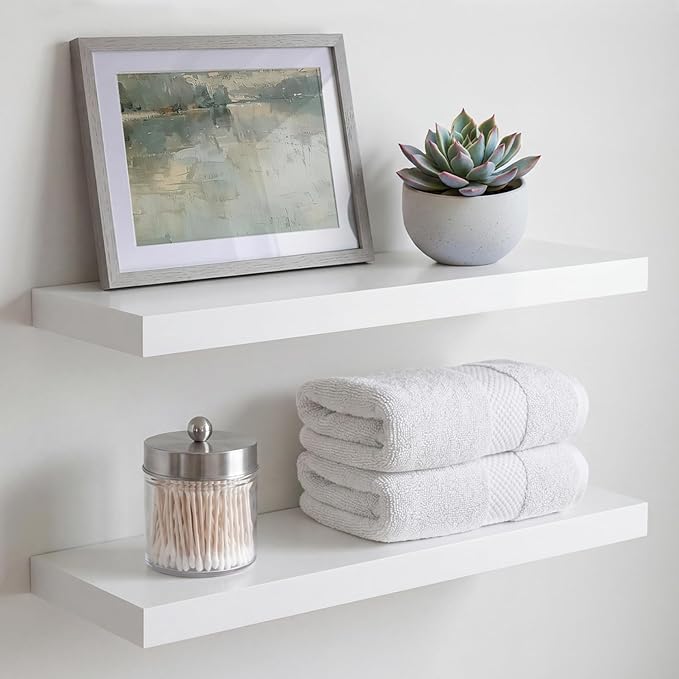 Homeforia White Floating Shelf 20 inch, High End Solid Real Wood 20inch Bathroom Floating Shelves for Wall Mounted, White Wooden 20in Floating Shelves, Heavy Duty Bracket, 20 X 6.5 X 1.75 in, Set of 3
