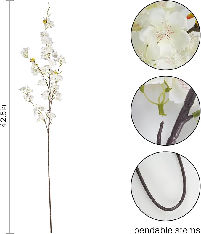 8 Pcs Artificial Cherry Blossom Flowers 40" Faux Silk Cherry Blossom Stems Fake Real Touch Peach Branches for Wedding Home Garden Japanese Decor White
