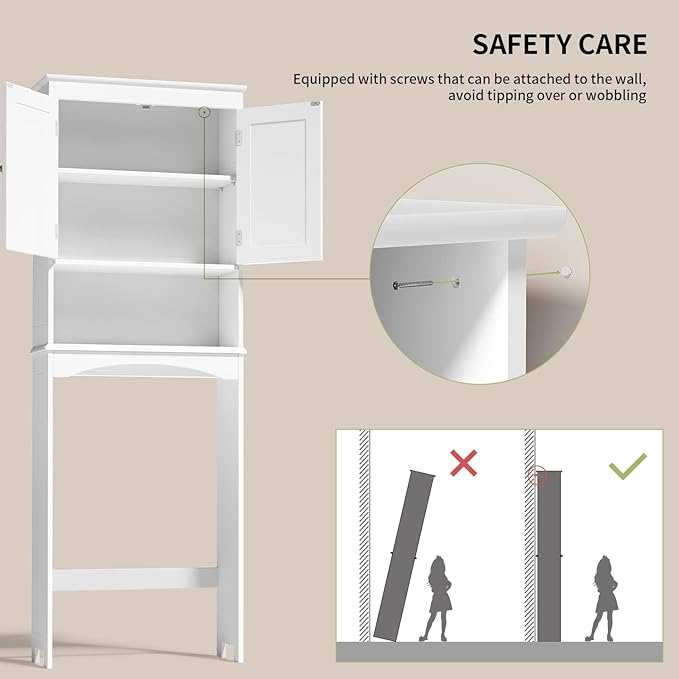 Gizoon Over the Toilet Storage Cabinet with Adjustable Shelf and Double Doors, Bathroom Space Saver Organizer Above Toilet with Open Shelf, Taller Wooden Free Standing Toilet Rack -White