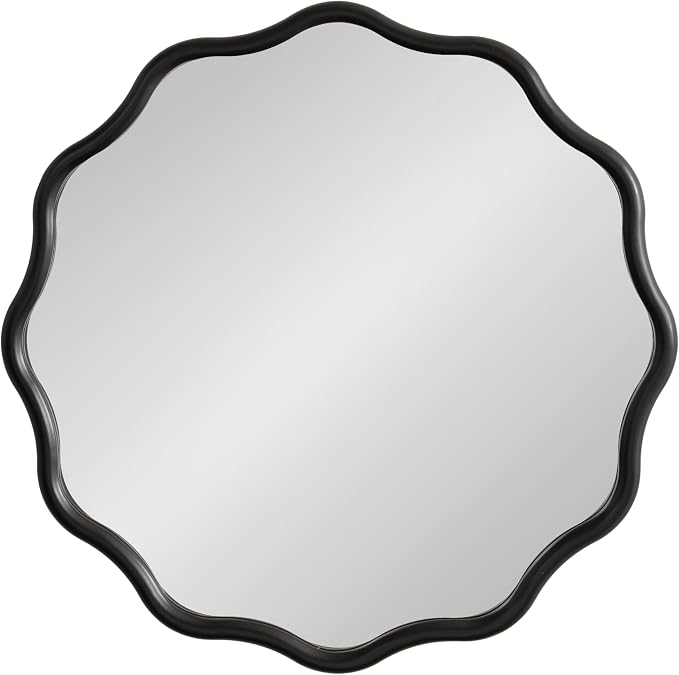 Kate and Laurel Talma Modern Round Scalloped Wall Mirror, 30 Inch Diameter, Black, Circle Mirror with Solid Poplar Wood Frame and Rounded Frame Profile