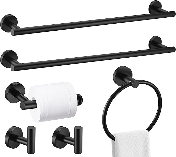 6 Pieces Matte Black Bathroom Hardware Accessories Set, SUS304 Stainless Steel 24 Inch Bath Towel Bar Set, Round Bathroom Towel Holder Set, Towel Racks for Bathroom Wall Mounted