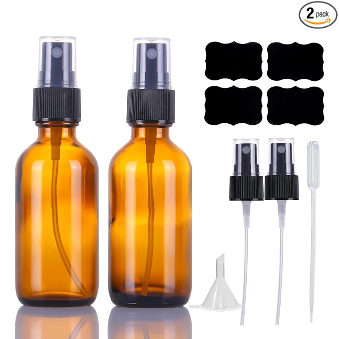LUFEVRM 2oz Amber Glass Spray Bottles,Empty Small Perfume Travel Refillable Reusable Fine Mister Spray Bottle for Hair,Cleaning Solutions,Aromatherapy and Essential Oil with Extra Nozzle(2 Pack)