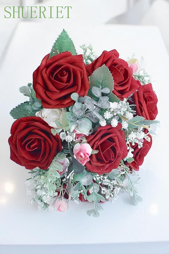 Dark Red Artificial Roses 25pcs, Real Looking Fake Foam Flowers with Stems for DIY Wedding Bouquets, Centerpieces, Valentine's Day, Christmas Tree Decoration