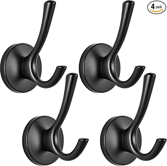 Towel Hooks-Coat Robe Hooks-Heavy Duty Metal Double Bathrobe Hook-Black Towel Hooks for Bathrooms-Kitchen Closet Garage（4Pcs Black）