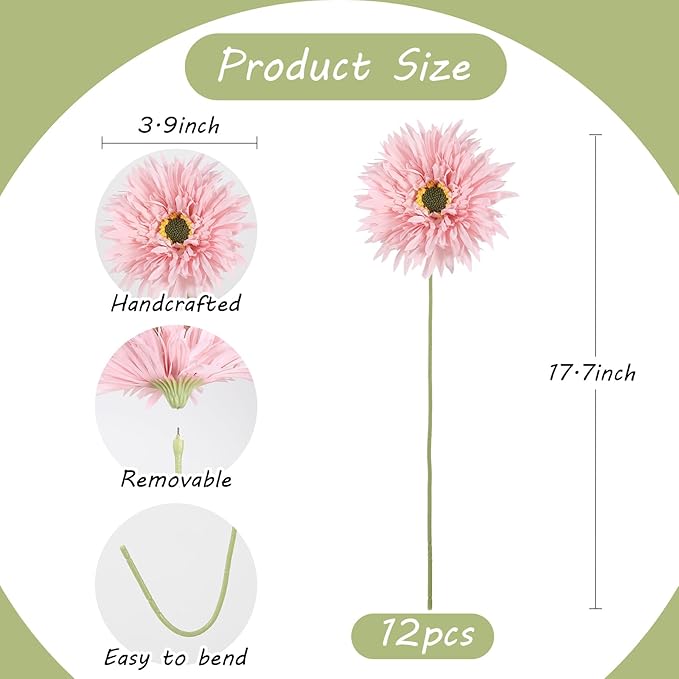 Gerbera Daisy Artificial Flowers 12pcs Pink Fake Silk Flowers Faux Daisies Bouquet with Stems for Wedding Bouquet Home Party Garden Outdoor Decoration(Pink)
