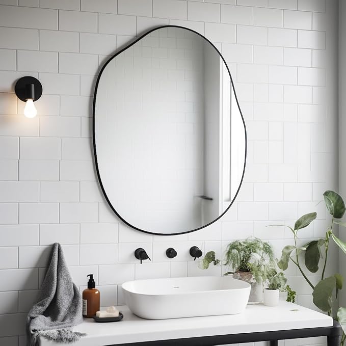 Black Mirror for Bathroom,24"x32" Wood Framed Vanity Mirror,Irregular Oval Wall Mirror Asymmetrical Aesthetic Mirror for Living Room Bedroom Entryway Horizontal/Vertical