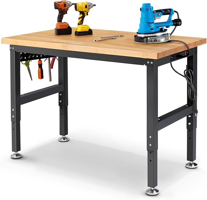 Workbench for Garage 48 Inch Work Bench Table Adjustable Height Rubberwood Tabletop Work Table with Power Outlets for Woodworking Shop Home Office Electronic Cutting Wood