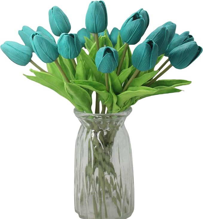 Artificial Flowers 10 Heads Mini Real Touch Artificial Tulip for Home Wedding Party Centerpiece Decoration (Dark Teal)