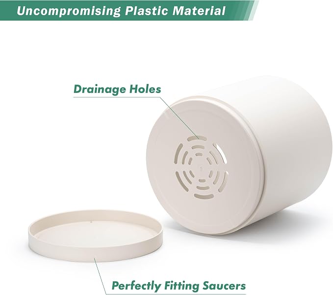 D'vine Dev 12 Inch Plastic Planter Pots for Plant Pot with Drainage Hole and Seamless Saucers, Oatmeal, 74-X-H-3