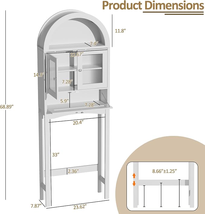 Spurgehom Over The Toilet Storage Cabinet, Bathroom Shelf Organizer Freestanding, Bathroom Arch Cabinet Over Toilet with Glass Door and Anti-Tipping Device, White