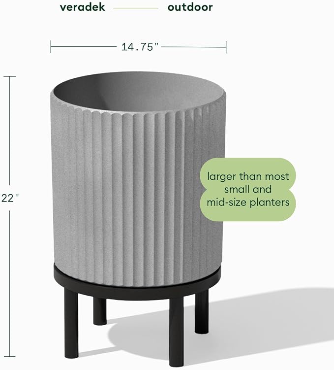 Veradek Demi Series Round Planter w/ Stand for Porch/Patio | Durable Plastic-Concrete & Wooden Stand | Modern Décor for Tall Plants, Flowers