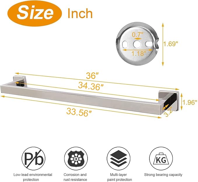 TocTen Bath Towel Rack - Square Base Thicken SUS304 Stainless Steel Towel Bar for Bathroom, Bathroom Accessories Towel Rod Heavy Duty Wall Mounted Towel Holder. (Polished Chrome, 36)