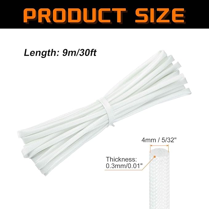 MECCANIXITY 30ft Braided Cable Sleeve, 5/32" ID 200C High Temperature 1500V Fiberglass Wire Insulation Cord Protector Organizer Wires Management for Motor Engine Fuel Line, White